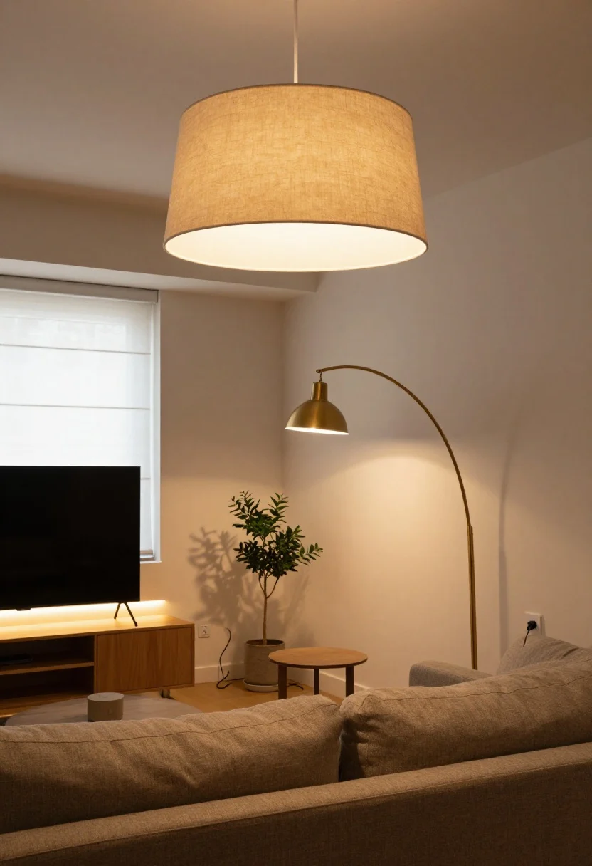 Photorealistic medium shot of a cozy living room corner in a windowless apartment showcasing layered lighting: a large fabric drum pendant overhead casting warm ambient light (2700–3000K), an arched brass floor lamp beside a sofa for task lighting, a swing-arm sconce over a side table, and subtle LED strip accent lighting backlighting a TV console and a small uplight hidden behind a potted plant in the corner. Include dimmers/smart plugs on cords, soft neutral walls, minimal shadows with light sources at multiple heights, and a welcoming, warm glow.