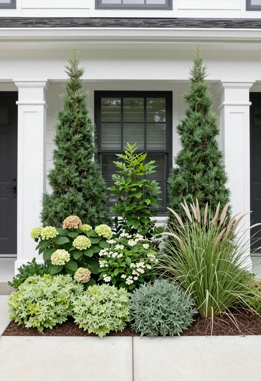 Photorealistic medium shot of a home’s front facade framed by layered foundation plantings: low groundcovers in front (creeping juniper and sedum), medium-height flowering shrubs (hydrangea and dwarf spirea) in the middle, and taller evergreens and ornamental grasses (boxwood, dwarf conifers, feather reed grass) in back. Mix glossy and feathery leaves, broad and fine textures for four-season interest. Clean mulch beds, shrubs scaled below window height, repeated plant selections for a calm, intentional look. Soft overcast daylight, straight-on curb appeal angle.