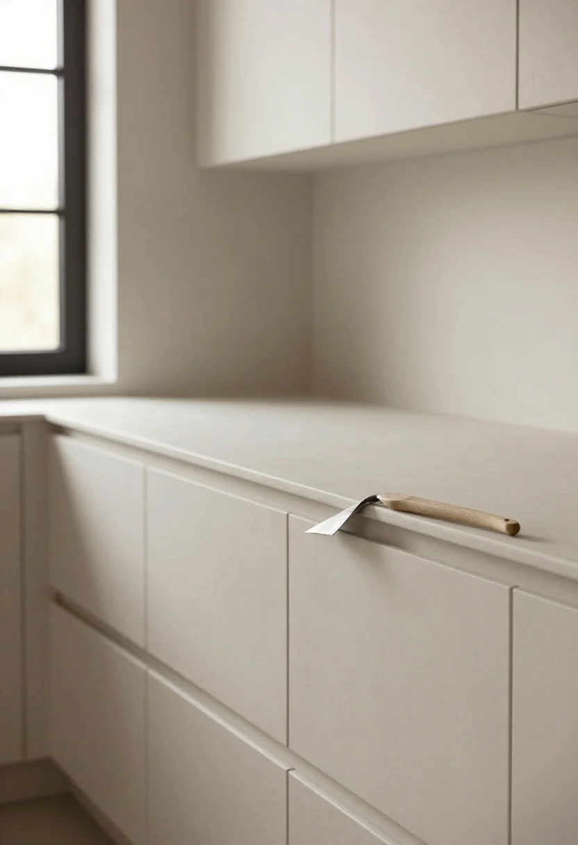 Photorealistic medium shot of a kitchen island back panel finished in hand-troweled Roman clay plaster with soft, gentle curves and rounded corners; matte neutral tones in bone, mushroom, and chalk white catching side light to reveal a medium trowel texture; subtle curved toe-kick echoing the form; modern flat-front cabinets nearby in a complementary neutral; no people; softly diffused warm daylight from a side window; clean, quiet-luxury vibe; include an angled trowel resting on the counter edge as a styling hint and a matte-sealed finish with slight sheen control.
