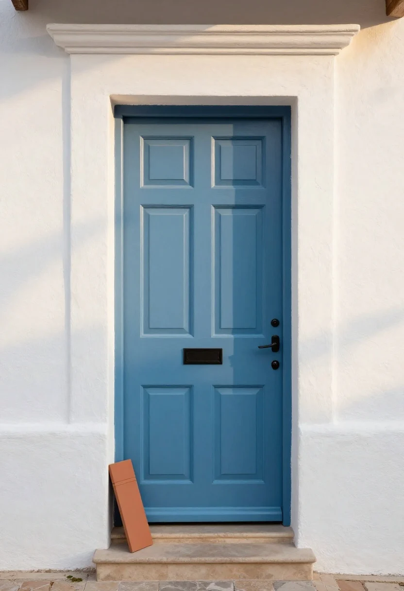 Photorealistic medium shot of a Mediterranean front door painted in a sun-washed sea-glass blue, matte finish, on a warm white stucco facade; soft late-afternoon sunlight casting gentle shadows; subtle UV-protected paint luster; terracotta and marigold color swatches leaned against the step for context; the mood is softened-by-sunlight, rich but not glossy; straight-on perspective emphasizing the door color against sand/cream walls