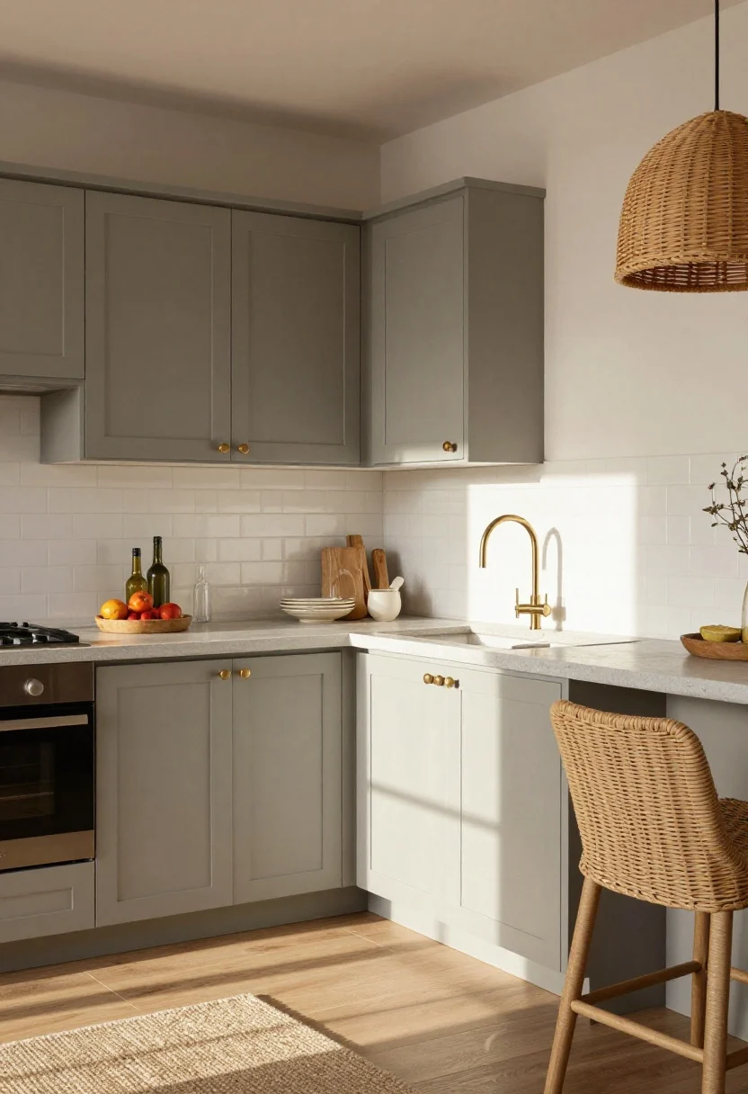 Photorealistic medium shot of a modern kitchen corner with soft greige shaker cabinets in a satin finish, warm north-facing daylight corrected with warm bulbs, brushed brass pulls, light concrete countertops, white subway backsplash, and layered textures: rattan pendant lights, woven counter stools, and a wool runner on wood floors; calm, cozy mood with balanced light reflection and gentle shadows.