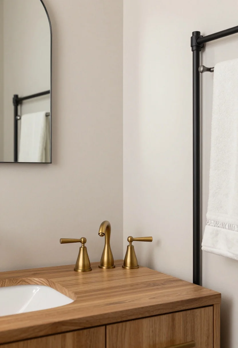 Photorealistic medium shot of a small bathroom vanity corner showcasing mixed metal finishes: a brushed brass single-handle faucet and matching slim brass cabinet pulls, paired with a matte black thin-framed arched mirror and matte black shower rod glimpsed in the background. Keep undertones consistent (warm brass with warm wood vanity), limit finishes to two, with a third subtle hint in a satin nickel towel hook. Neutral light walls, soft warm lighting at 3000K, boutique-hotel vibe. Focus on quality touchpoints: the faucet and pulls look weighty and refined, shallow depth of field to emphasize the “handshake” hardware.