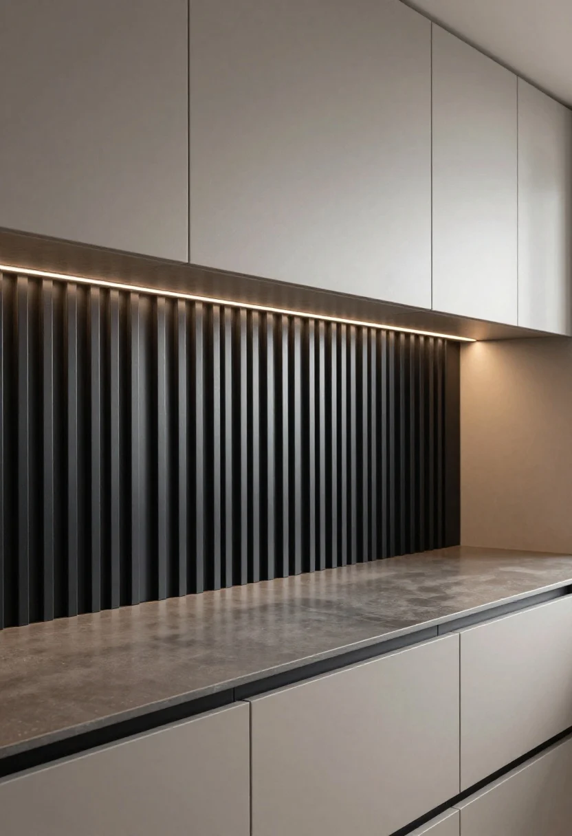 Photorealistic medium shot of an island back clad with powder-coated metal flat-bar slats in matte black, mounted on hidden standoffs to float off the panel; precise, consistent spacing producing rhythmic shadow lines; an LED strip tucked under the counter lip grazing the slats at night for dramatic glow; aluminum or steel labeled subtly as part of the design notes; modern farmhouse-meets-industrial kitchen context with neutral cabinetry; three-quarter angle to reveal depth and shadows.