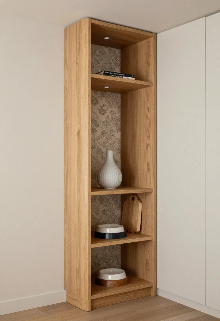 Photorealistic medium shot of an island back converted into asymmetrical open storage niches: a tall niche sized for oversized cookbooks and a vase, plus smaller cubbies for serving boards and pet bowls; interiors lined in durable oak veneer with slightly rounded internal corners for a furniture-grade feel; one niche backed with beadboard and another with patterned wallpaper; discreet puck lights glowing softly within; edges neatly banded; neutral cabinetry context; corner angle to show depth and organization.
