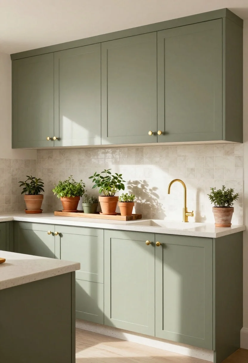 Photorealistic medium shot of earthy olive-sage cabinets with warm brass knobs, off-white walls, light quartz counters, and a pale zellige-style backsplash; natural wood shelving with terracotta and clay planters hosting a mini herb station; balanced, garden-inspired vibe with warm daylight and soft shadows across natural textures.