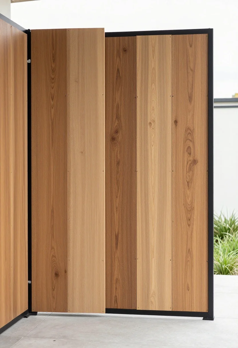 Photorealistic medium shot, slight overhead corner angle: mixed-width warm wood planks (two to three repeating board widths) arranged inside a thin black metal frame for a sharp silhouette; consistent gaps maintained with spacer-precise spacing for an orderly, designer look; show a subtle pattern repeat across several panels; wood sealed with a UV-protectant finish, natural mid-tones; soft overcast daylight for even color without glare; minimal front yard with poured concrete pads and low grasses; no people.