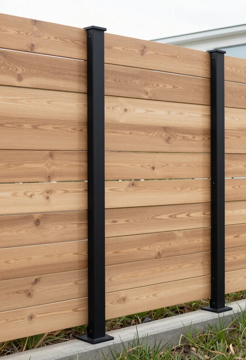 Photorealistic medium shot, straight-on view: a horizontal slatted warm wood fence made of cedar with matte black powder-coated steel posts and rails, evenly spaced 3–4 inch gaps between slats for an airy, modern farmhouse-meets-urban-cool vibe; flat/satin black finish on the metal (no gloss), clean crisp lines, neutral mid-tone wood grain visible; subtle early evening natural light creating soft linear shadows between slats; include optional alternate panel with tightened 1/2–1 inch spacing at one section to suggest privacy control; modern curb setting with simple concrete curb and sparse grasses; no people.