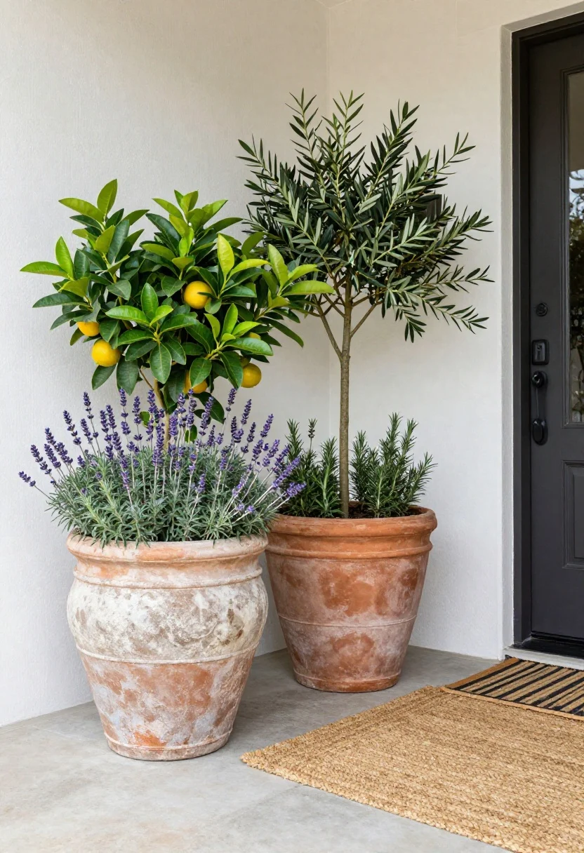 Photorealistic medium shot styling the porch: oversized terracotta and weathered stone planters flanking the door, planted with a dwarf citrus and an olive tree for height, plus lavender, rosemary, and thyme spilling softly; a natural-fiber coir doormat layered over a striped indoor-outdoor rug under a covered entry; textures of clay, greenery, and fibers in warm daylight; slight corner angle to show depth and scent-rich planting