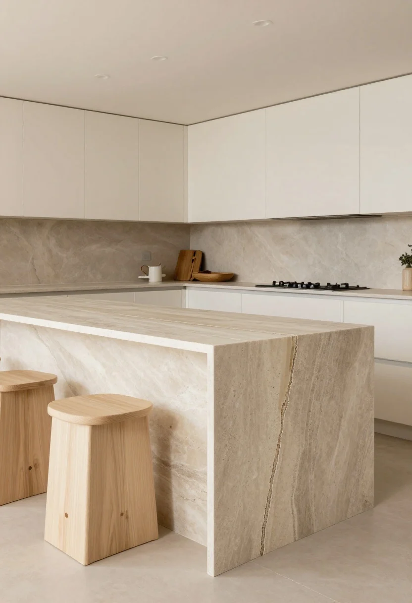 Photorealistic medium-wide shot of a kitchen island back wrapped in a bookmatched stone slab creating a waterfall illusion from the countertop; large singular vein anchoring the composition; honed finish to resist fingerprints; mitered corners at both ends for an uninterrupted look; surrounding space in calm Scandi style with pale wood stools; warm under-cabinet lighting and pendants to avoid a sterile vibe; slight corner angle to show the vein continuity and the miter detail; include subtle color-matched epoxy seams.