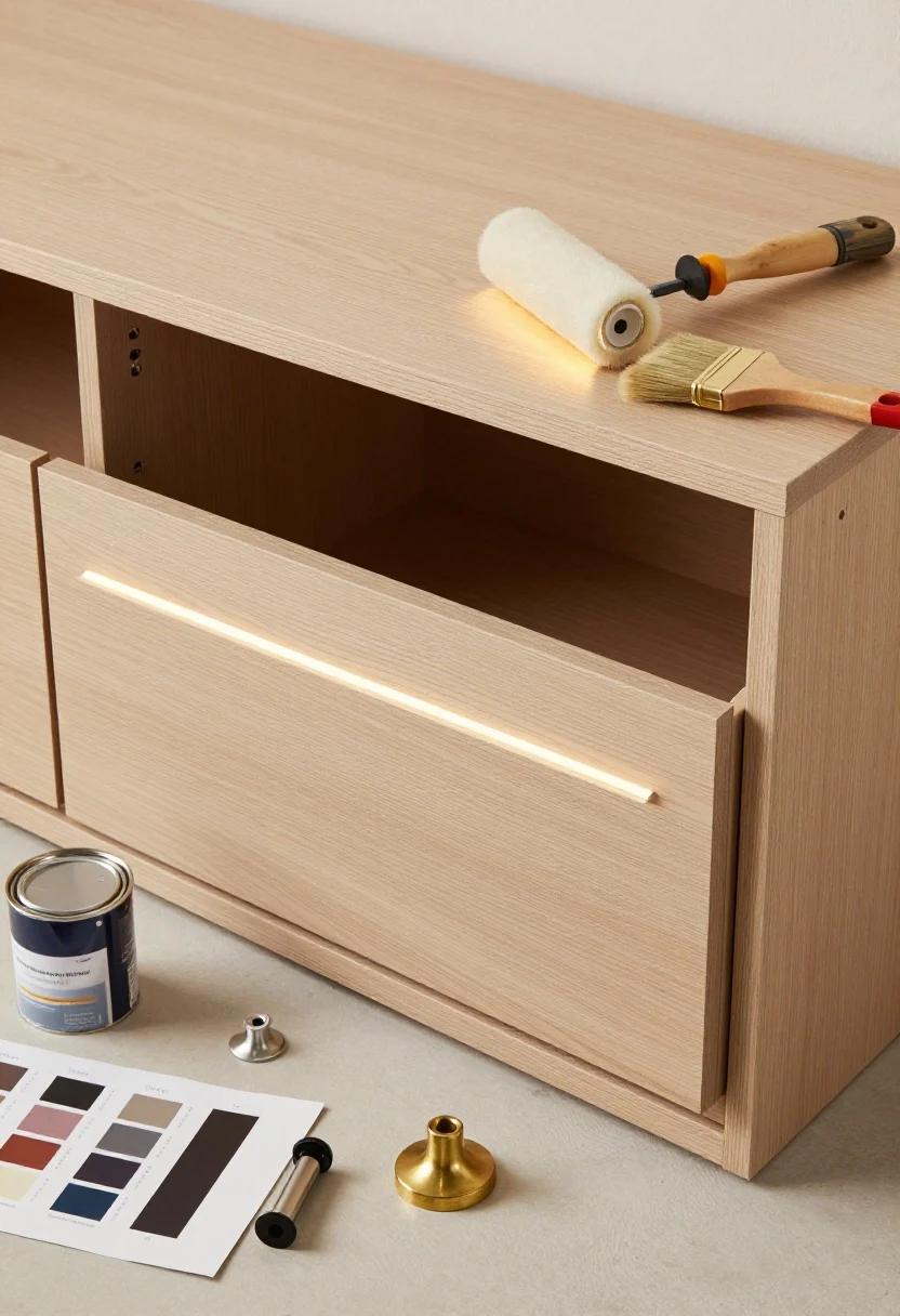 Photorealistic overhead detail shot of a cabinet door and drawer front laid on a protected work surface: deglossed and lightly sanded wood, stain-blocking primer can nearby, high-density foam roller and brush, two thin coats in progress; warm 2700–3000K work lights illuminating the surface; also include under-cabinet LED strip sample, hardware samples (nickel, brass, matte black), and a small color swatch card set.