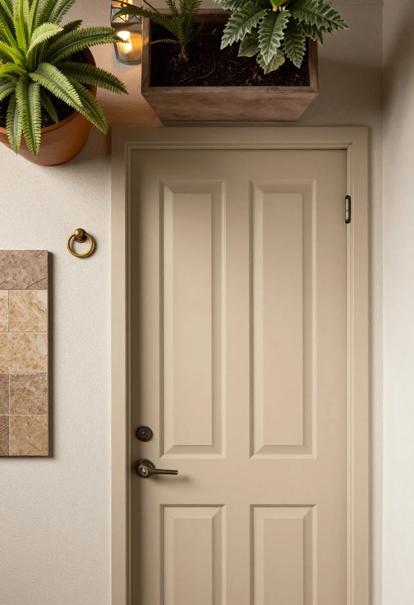 Photorealistic overhead/detail styling formula vignette on the front stoop: swatches showing one strong door color, two substantial planters partially in frame, a warm metal hardware sample (aged brass ring pull) laid beside, a soft warm pool of light cast from a nearby lantern, and a textured tile or plaster sample board; cohesive earthy materials + soft light + lived-in color mood; shot top-down for a curated, design-board feel