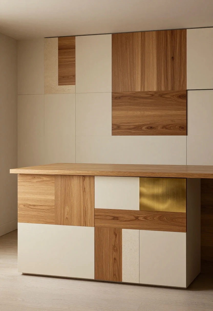 Photorealistic straight-on medium shot of a mixed-material patchwork island back panel: a curated puzzle of three to four finishes—narrow strips of oak veneer, cream-painted panels, brushed brass angle accents, and a slim slice of honed stone—arranged with varied strip widths and repeated elements for rhythm; all materials kept in a warm tone family and unified by the same satin sheen; shallow 1/8-inch reveals creating crisp shadow lines; balanced, designer-level composition; warm, even lighting to emphasize textures.
