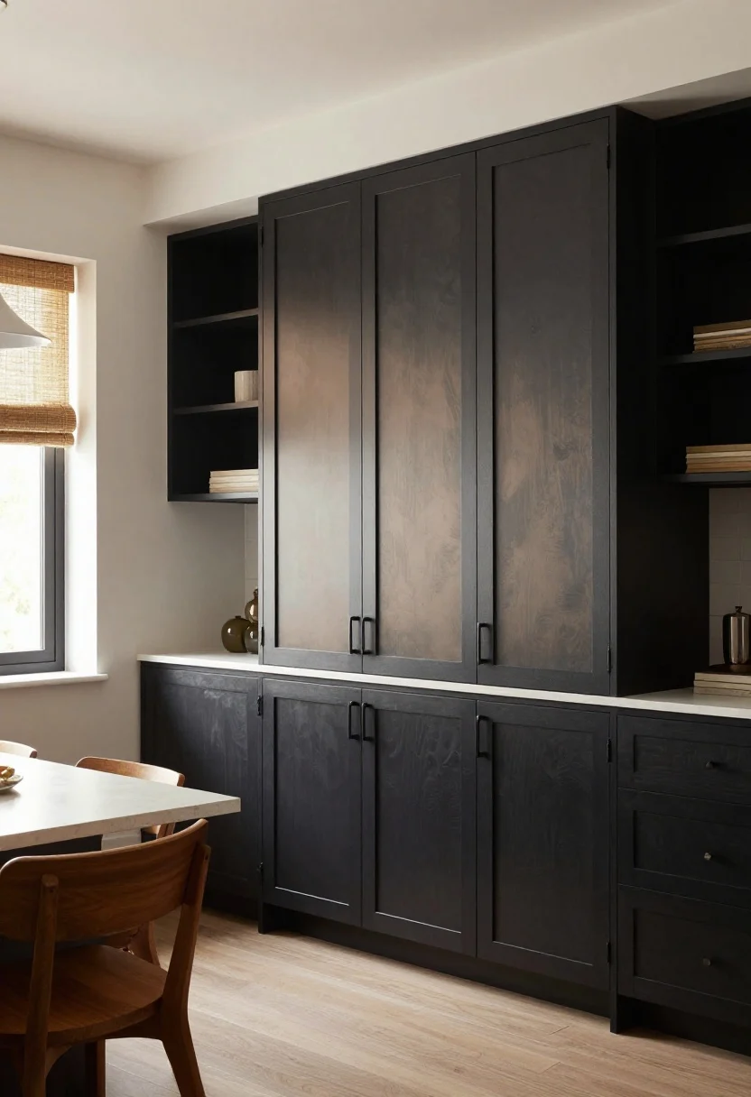 Photorealistic straight-on medium shot of charcoal black cabinets with a warm taupe undertone in a soft satin sheen, sleek shaker doors, white walls, bright light countertops, and warm wood stools at a peninsula; woven window shades, ambient pendant lighting, and subtle texture on the cabinet fronts; dramatic yet livable contrast.