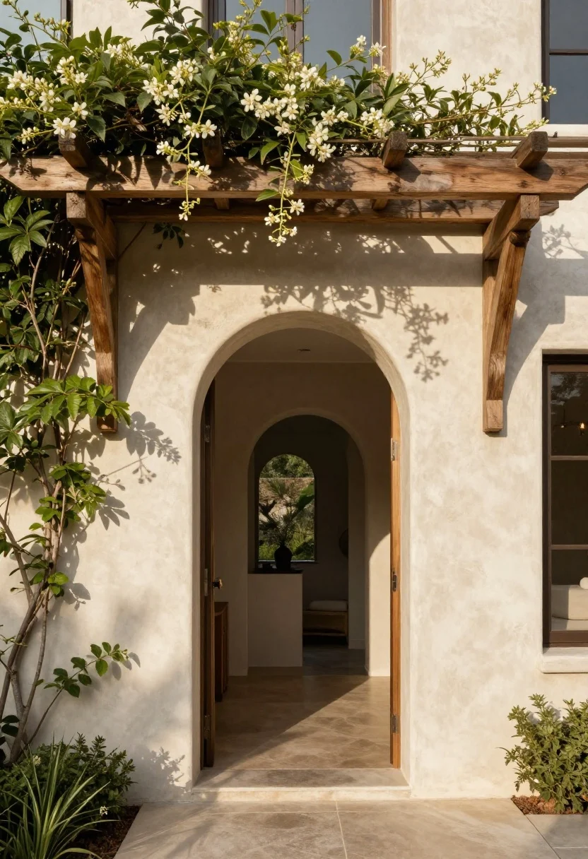 Photorealistic wide exterior shot framing the entry with architecture: a stucco arch hugging a recessed doorway and a timber lintel visually capping the composition; a wood pergola extension with climbing jasmine beginning to trail; strong shadows adding depth and soul; warm, late-afternoon sun; straight-on elevation capturing shade patterns and structural rhythm without people