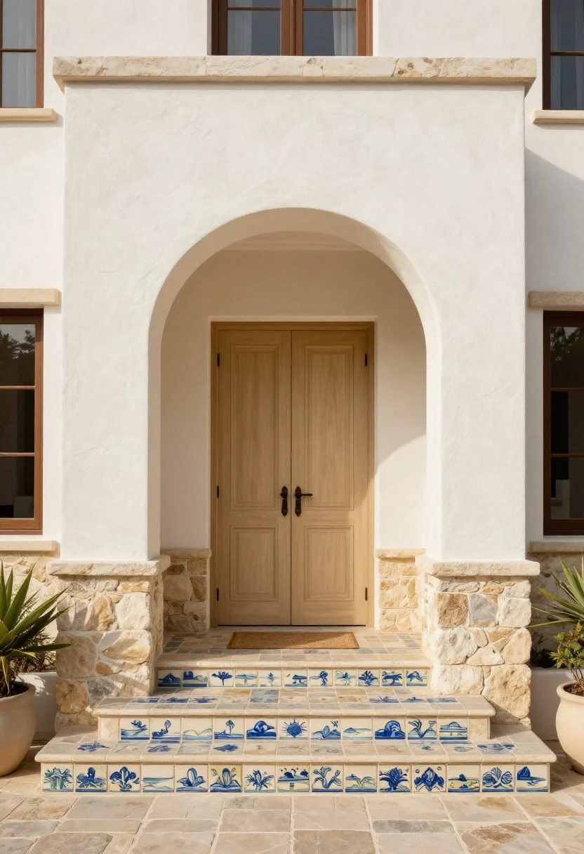Photorealistic wide exterior shot of an entry layered like a vacation villa: limewashed plaster walls in warm white, natural stone surround and threshold grounding the doorway, and a border of hand-painted ceramic tiles with coastal motifs along the step risers; door color kept bold but walls neutral (sand and cream tones); soft Mediterranean sunlight emphasizing texture-on-texture without clutter; straight-on perspective to show cohesive palette