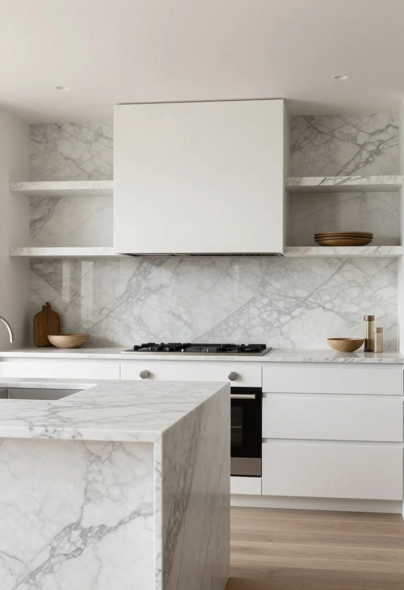 Photorealistic wide kitchen shot: a full-height marble slab backsplash with dramatic gray veining running from countertop to ceiling behind a pro-style range, matching marble counters for a continuous look, minimal seams, integrated shallow stone shelf, sleek white flat-front cabinets, concealed hood, soft natural daylight washing across the stone to emphasize veining, zero visible grout lines, straight-on view, calm luxe mood