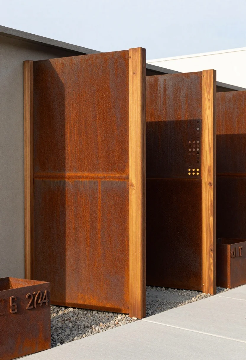 Photorealistic wide shot from a corner angle: Corten steel fence panels with a rich rusted patina mounted within chunky warm wood frames (4x4 posts and wide borders), panels elevated above a gravel strip base to prevent soil contact; include a few custom perforated cutouts in one panel casting patterned light on the ground; cohesive accents nearby like rust-tone metal house numbers and a matching Corten planter; late-afternoon sun enhancing the earthy orange-brown patina and warm wood, crisp modern curb appeal; clean sidewalk edge; no people.