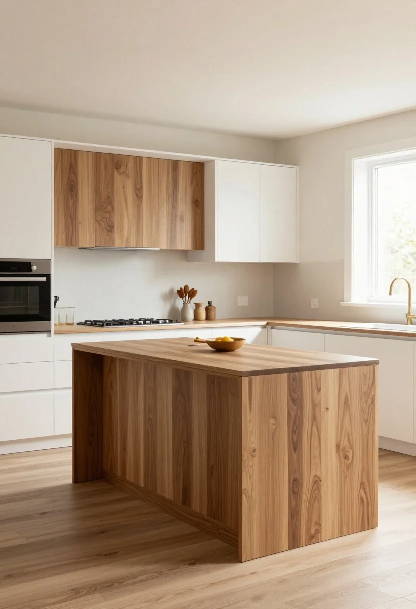 Photorealistic wide shot of a bright kitchen combining painted white perimeter cabinets with warm wood elements—either a walnut island or wood uppers—minimalist pulls, clear matte topcoat on wood showing distinct grain; light neutral walls, coordinated wood tone matching the floor undertone; modern-Japandi styling with balanced contrast and soft daylight.