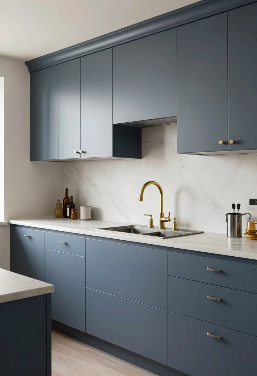 Photorealistic wide shot of a compact kitchen with dusty blue, gray-tinged cabinets in satin, long linear cabinet pulls, light simple countertops, warm brass faucet and hardware mixed with chrome appliances, matte black accents; gentle daylight filtering in, calming palette that reduces visual noise; clean styling with open-shelf brackets.