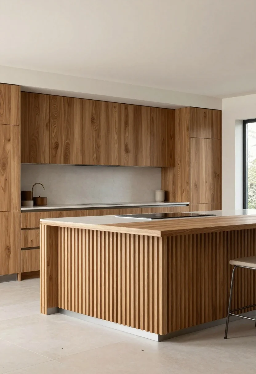 Photorealistic wide shot of a contemporary kitchen featuring a bold fluted wood island back panel with oversized, widely spaced vertical ribs; tone-on-tone paint matching the cabinet color for layered depth; crisp metal edge trim framing the panel; alternative horizontal micro-fluted detail on a small inset section for contrast; gel-stained oak nearby for warmth; matte finish; even, bright natural lighting; clean floor showing how fluting disguises kick marks; straight-on perspective for strong graphic read.