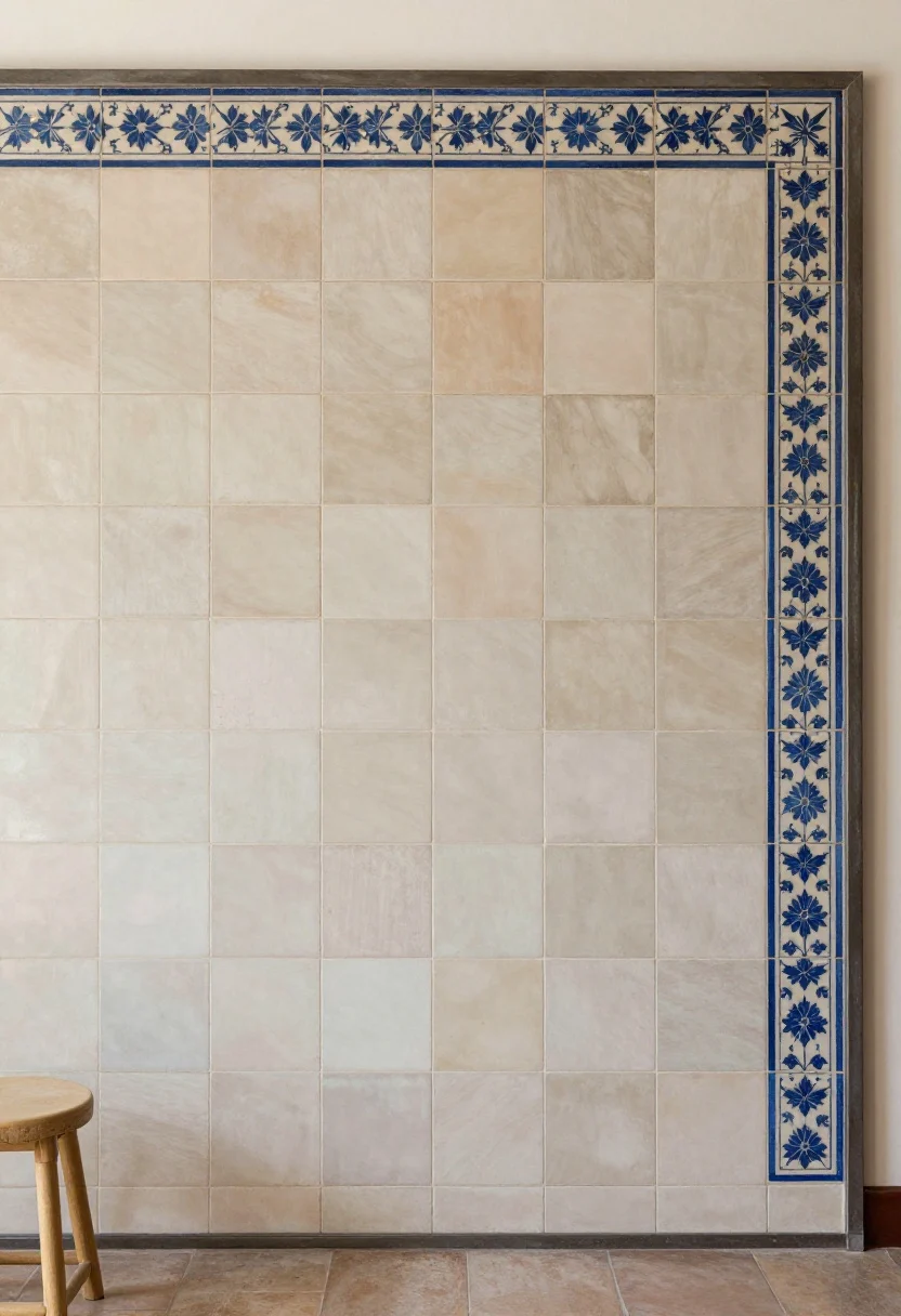 Photorealistic wide shot of a heritage-style tile mural on the island back panel: a restrained tile tableau mixing hand-painted field tiles with a subtle border; tonal zellige gradient in two to three muted colors for depth without chaos; satin or honed finish to hide scuffs; grout color closely matched to tiles; edges finished with a slim metal schluter strip; quiet counter stools so the tile is the focal point; warm, even ambient lighting; straight-on view showcasing the mural’s composition.