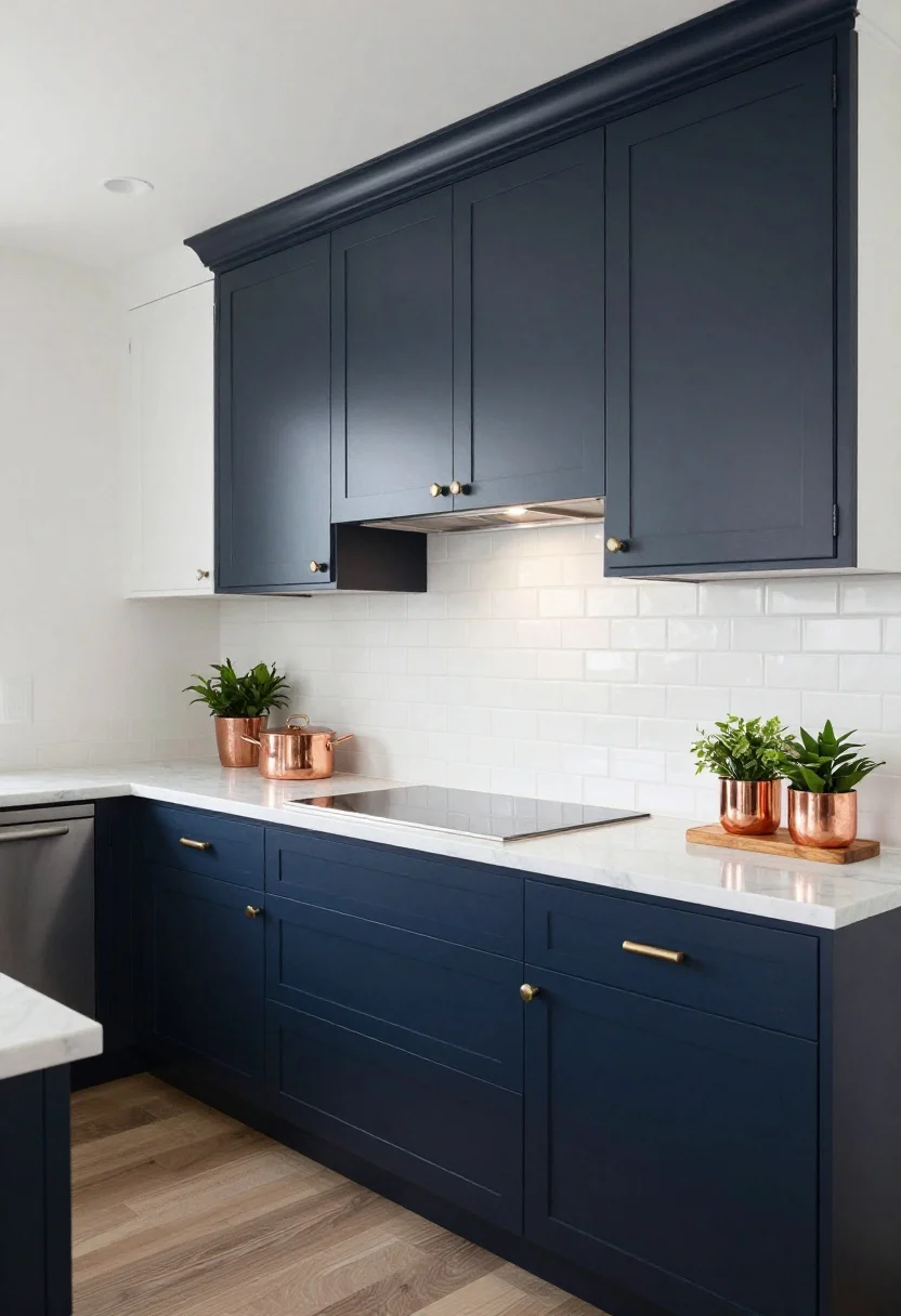 Photorealistic wide shot of a luxe kitchen with deep moody navy lower cabinets in a matte/satin sheen, crisp white upper cabinets, polished nickel knobs, simple white subway tile, marble countertops on the perimeter and butcher-block accents, under-cabinet lighting brightening the navy lowers, copper pots and green plants adding color pops; straight-on view for tailored, grounded feel.