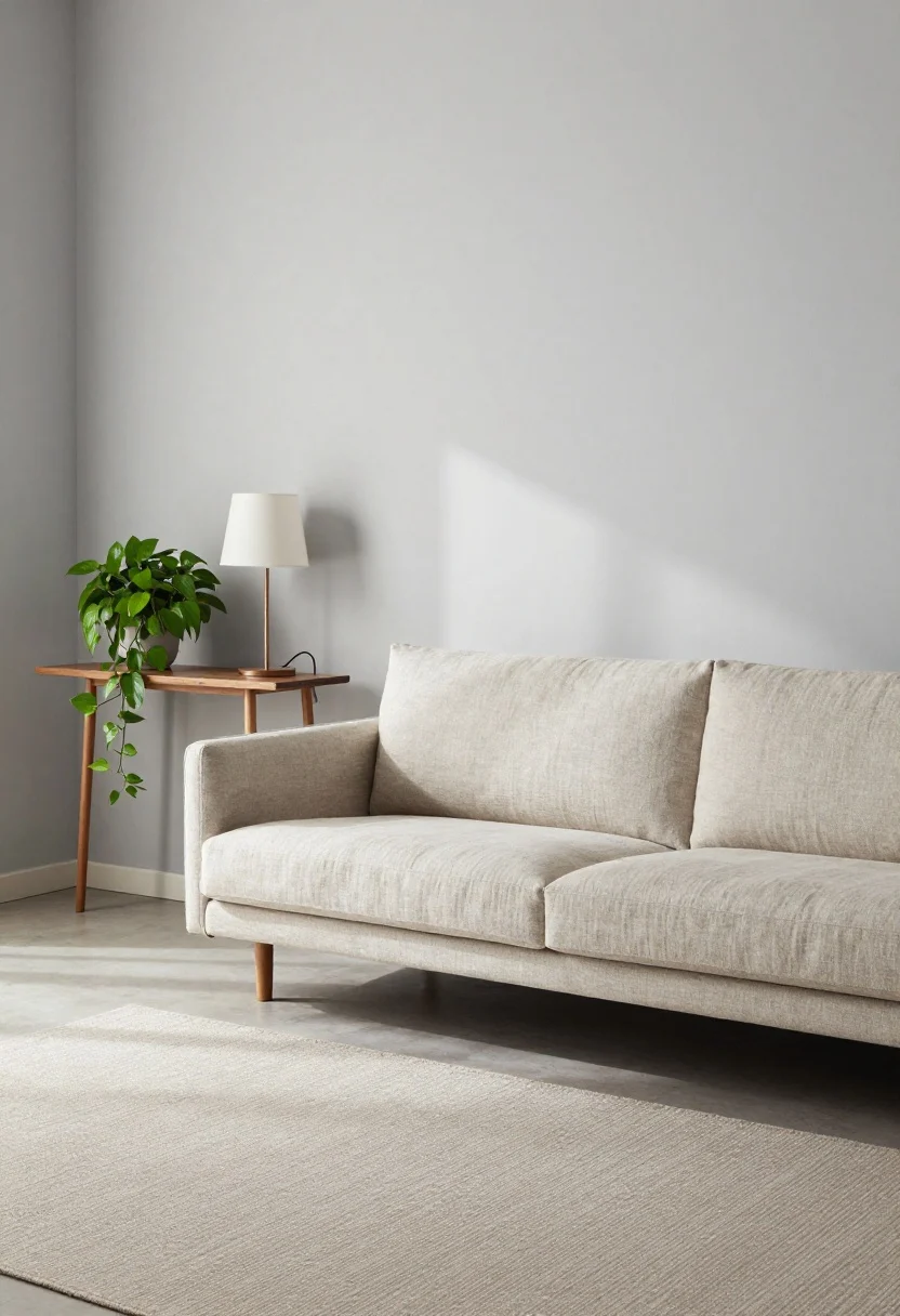 Photorealistic wide shot of a modern living room where a mid-century linen sofa is floated 8 inches off a light gray wall, front legs anchored on a low-profile neutral flatweave rug; a slim walnut console table with a cordless table lamp and hidden cord management sits behind the sofa with a trailing pothos plant; soft afternoon light, airy mood, subtle shadow gap visible between sofa and wall, straight-on perspective emphasizing depth