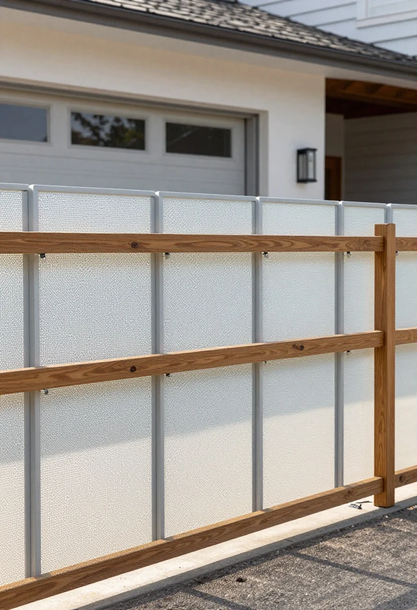 Photorealistic wide shot, straight-on: a fence run featuring frosted perforated/expanded metal mesh panels (powder-coated perforated aluminum with 30–40% open area) held between three horizontal warm wood rails; the mesh provides filtered privacy with visible light and airflow, creating a modern, airy “architect’s house” feel; echoing elements in the background like a garage door panel or porch screen using similar mesh; crisp morning light passing through perforations to create a gentle speckled pattern on the pavement; pet-safe height and continuous base line; no people.