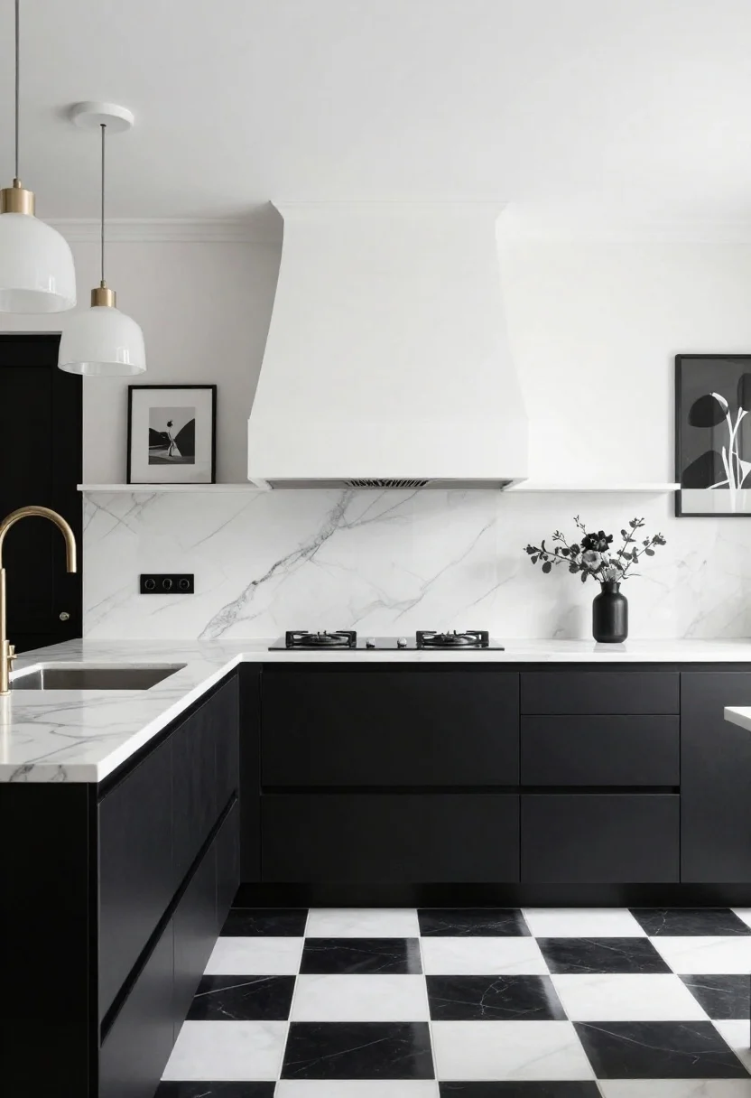 Straight-on, graphic wide shot of a high-contrast black-and-white kitchen: matte black lower cabinets, bright white uppers and matching white range hood; bold black-and-white checkerboard tile floor with thin, clean grout lines; dramatic white countertop with striking black veining; milk-glass or fluted pendant lights above the island to soften the edges; crisp, editorial lighting with minimal shadows; framed black-and-white art on the wall; no people.