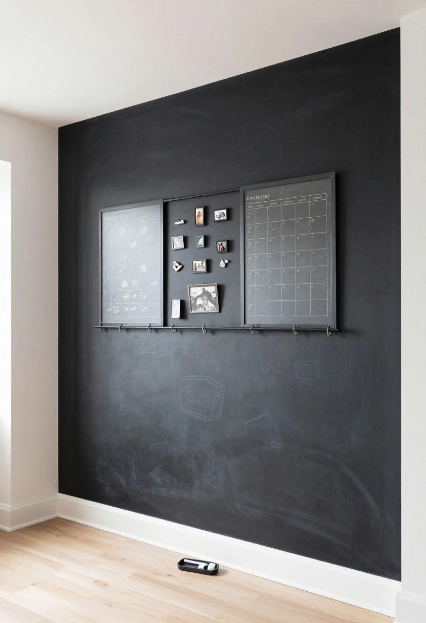 Straight-on medium shot: A dedicated creative wall painted in deep charcoal chalkboard paint with chalk doodles and a weekly schedule; adjacent section features a framed sheet of metal for a magnet gallery displaying rotating artwork; a slim rail with clips runs below for easy swaps; the rest of the room stays neutral (warm white walls, pale wood floor) to avoid visual chaos; daylight filtering in for an even, natural look; include a few chalk sticks and a small eraser tray; photorealistic.