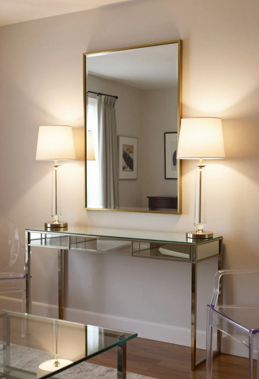 Straight-on medium shot of a console wall styled for reflection without glare: a tall mirror with a warm brass frame placed opposite a primary floor lamp to double its light, a glass table lamp and layered artwork in front of the mirror, and a single mirrored nightstand off to the side (one mirrored piece only). Include a glass coffee table and an acrylic dining chair in the background to keep sight lines open. The lighting is warm and clean, with spotless, gleaming surfaces—no funhouse effect.