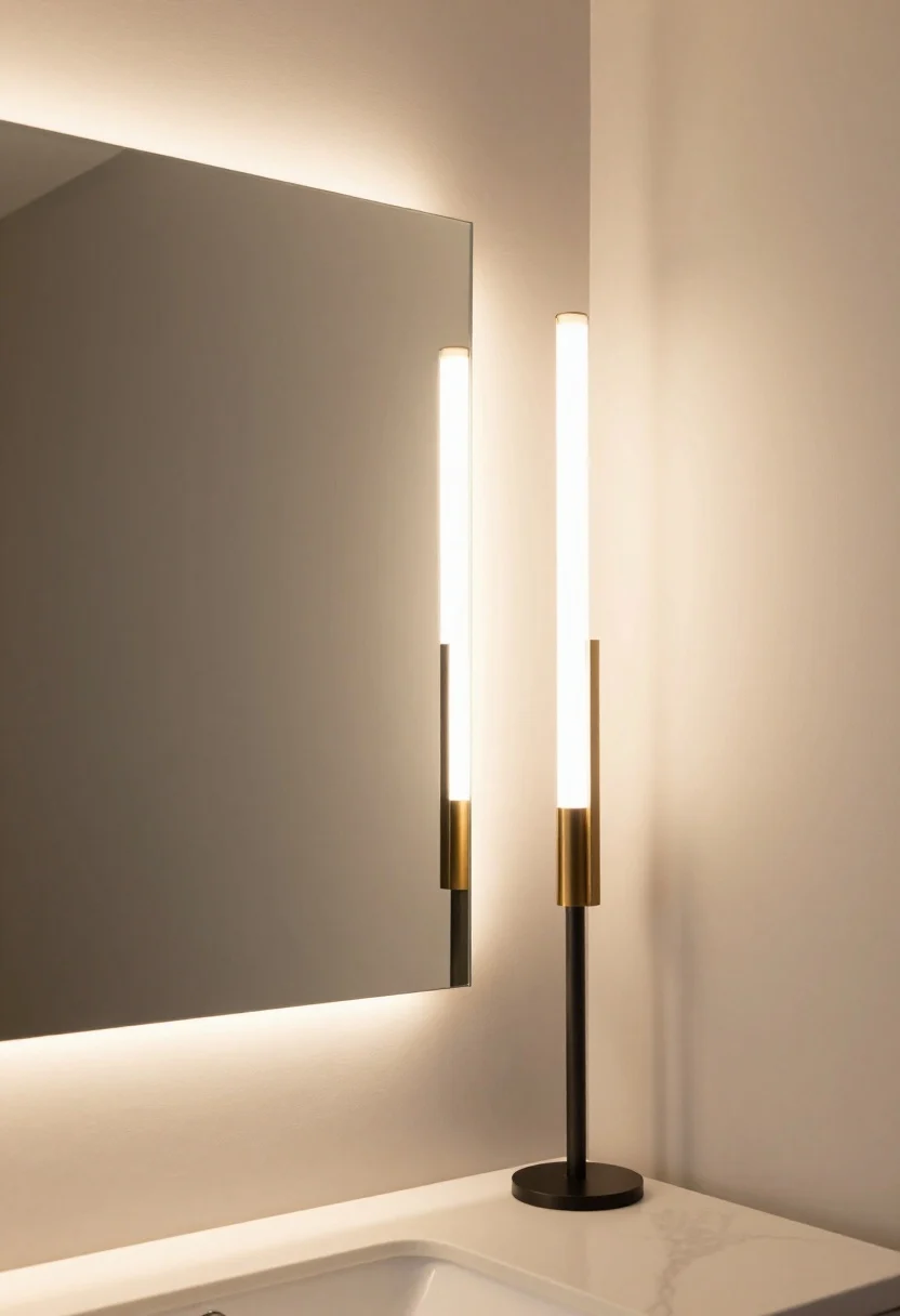 Straight-on medium shot of a vanity and mirror with layered lighting: a pair of slim, matte black or brushed brass sconces flanking the mirror at eye level, emitting warm 2700–3000K light with high color accuracy (90+ CRI). Add a softly glowing backlit mirror for a designer aura, and a subtle dimmer switch on the wall. Avoid overhead-only glare; show balanced, flattering illumination on light neutral walls. Include plug-in cords neatly managed to suggest easy install. Mood: polished, warm, and evenly lit.