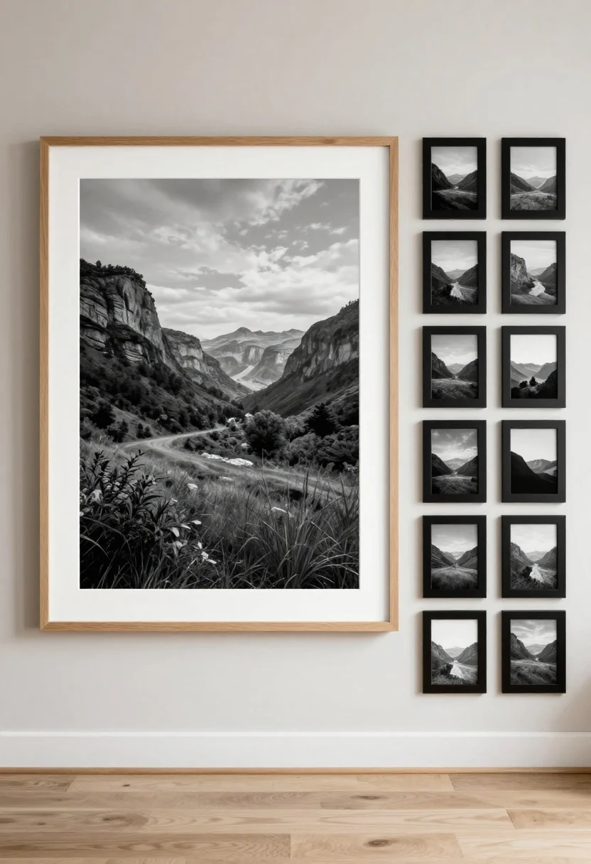 Straight-on medium-wide wall view: Big, budget-friendly art—one large downloadable public-domain landscape printed big and framed with an oversized thick white mat in a natural wood frame; adjacent, a gallery grid of nine identical black frames with evenly spaced (2 inches) black-and-white photos. Clean, cohesive palette (black and natural wood), soft ambient light, and no small scattered pieces.