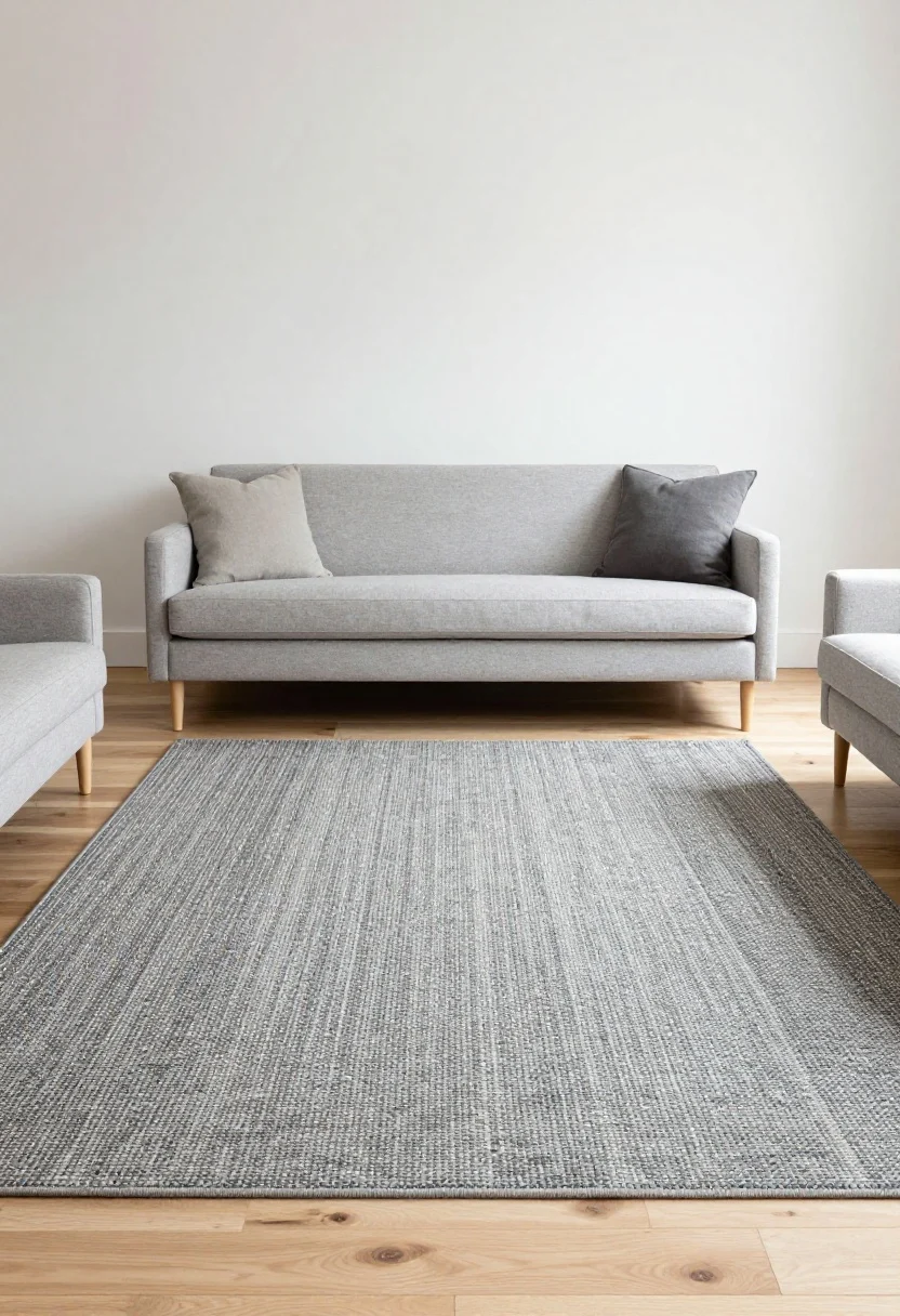 Straight-on wide shot focusing on rug alignment: the sofa perfectly centered on an oversized flatweave rug’s midpoint, with front legs of the sofa and two chairs resting on the rug; an 8–12 inch border of exposed light hardwood floor frames the area; low-contrast rug pattern to keep the space unified; bright, even daylight, geometric order emphasized