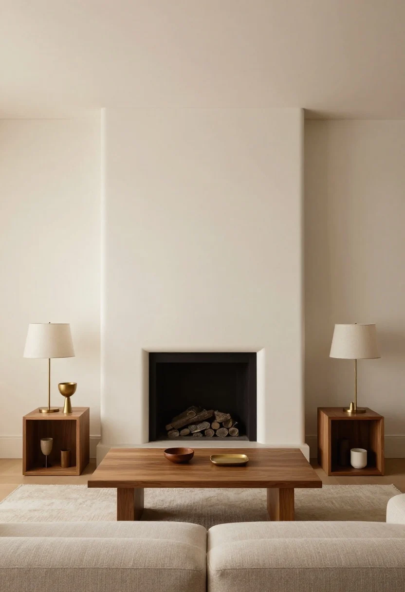 Symmetrical but airy composition: sofa centered on a minimalist fireplace with matching open-base side tables and twin slender lamps with small linen shades; few tall pieces near the sofa, repeated warm wood and brushed brass finishes; calm, ordered mood with slim silhouettes; medium shot, balanced framing, soft evening glow