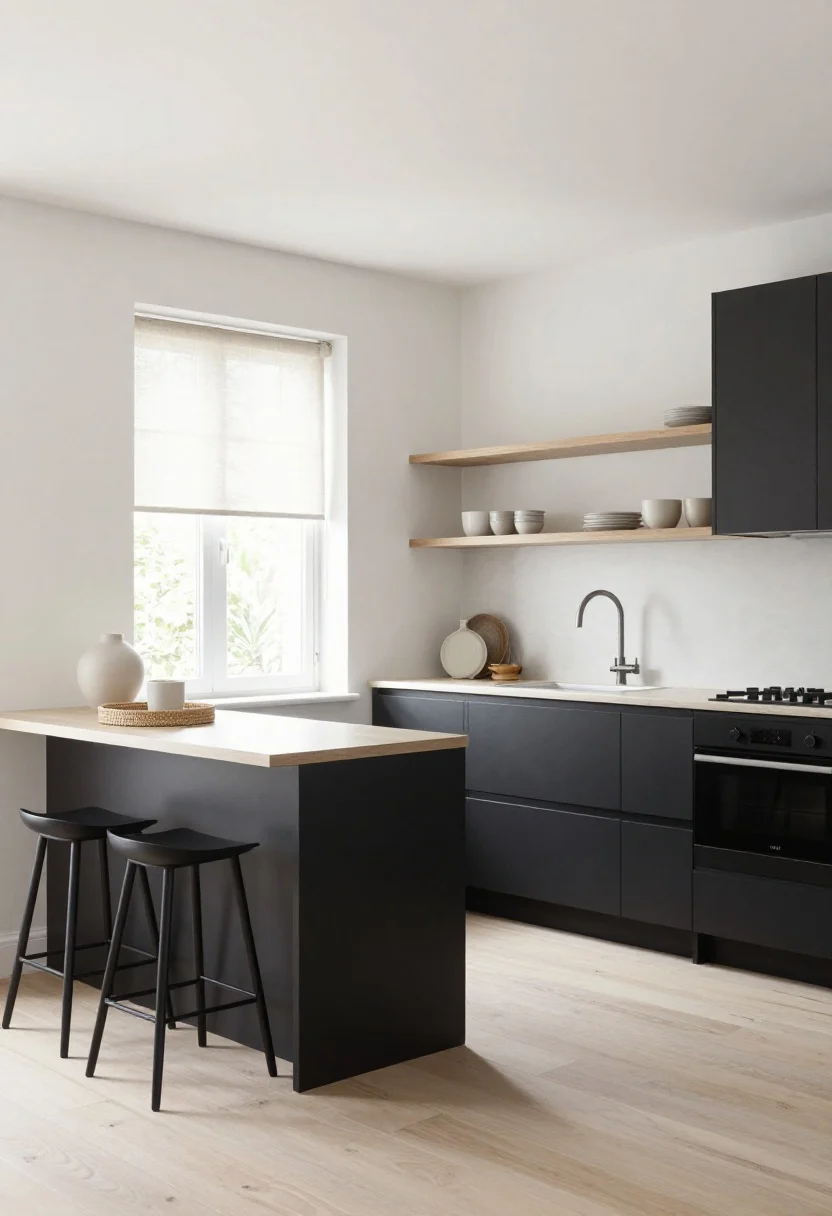 Wide, airy Scandinavian-style kitchen, straight-on: matte black lower cabinets, blonde wood open shelving, pale wide-plank floors, white walls, huge natural light from a window; slim-profile black barstools, minimal neutral ceramics and a single ceramic vase; textures like linen window shades and woven trays; overall restrained palette (black, white, blonde wood) with soft daylight.