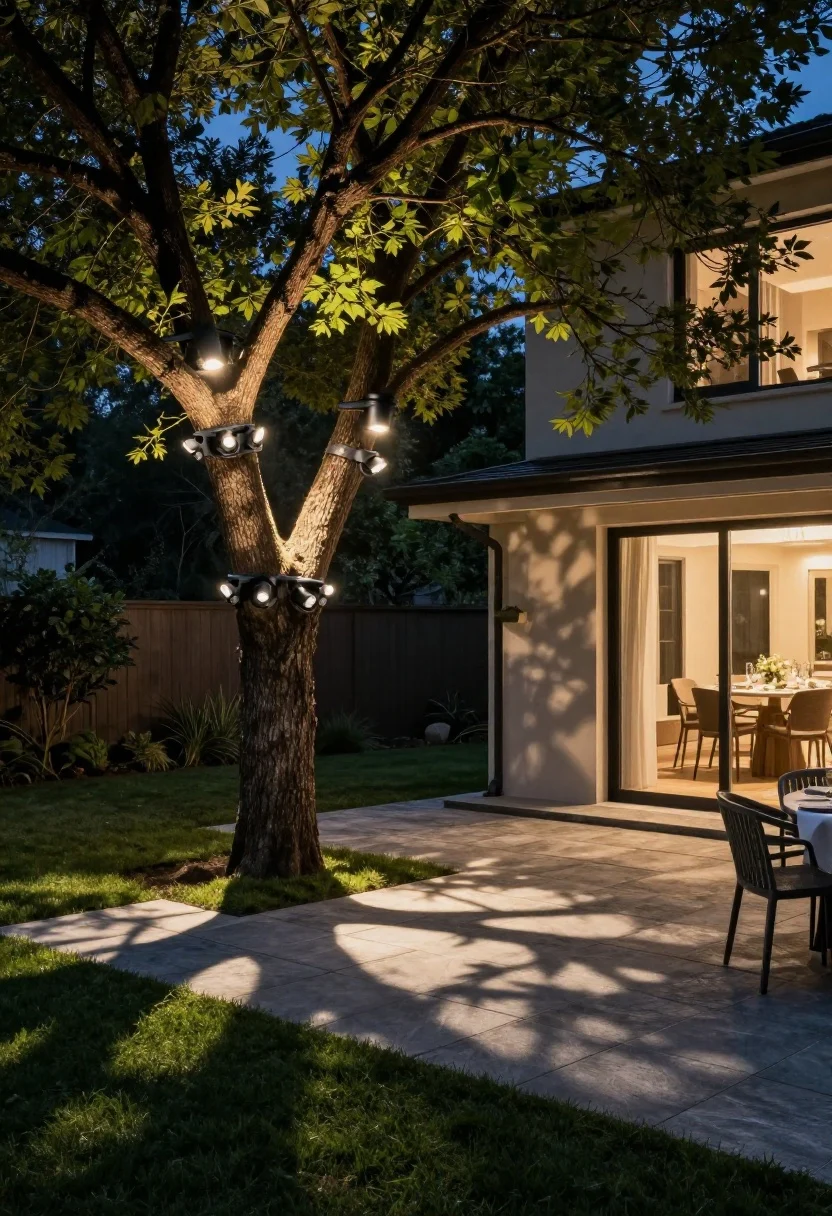 Wide backyard scene at night showcasing “moonlight” from above: discreet downlights mounted high in a large tree and under the eaves, aimed through leafy branches to cast soft, dappled shadows on a flagstone patio and lawn; dim, warm silvery glow (around 2700K–3000K) with gentle spread; show tree-friendly mounting brackets with room for growth and waterproof connectors neatly secured; mood romantic and subtle, dinner-party ready; perspective: slightly elevated corner angle capturing canopy, eaves, and shadow play across the ground, no people, photorealistic.
