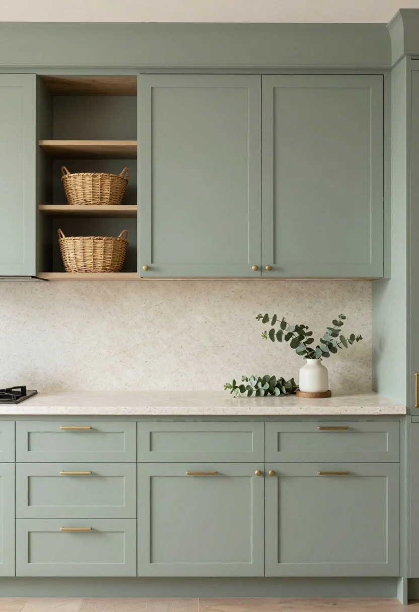 Wide, calm kitchen scene drenched in soft sage: all cabinets painted sage in a satin finish with brushed nickel hardware; natural stone or terrazzo countertop with delicate aggregate pattern; woven baskets on open shelves and a small cluster of fresh eucalyptus for texture; gentle warm lighting around 2700–3000K for a spa-like vibe; minimal clutter, serene composition; no people.