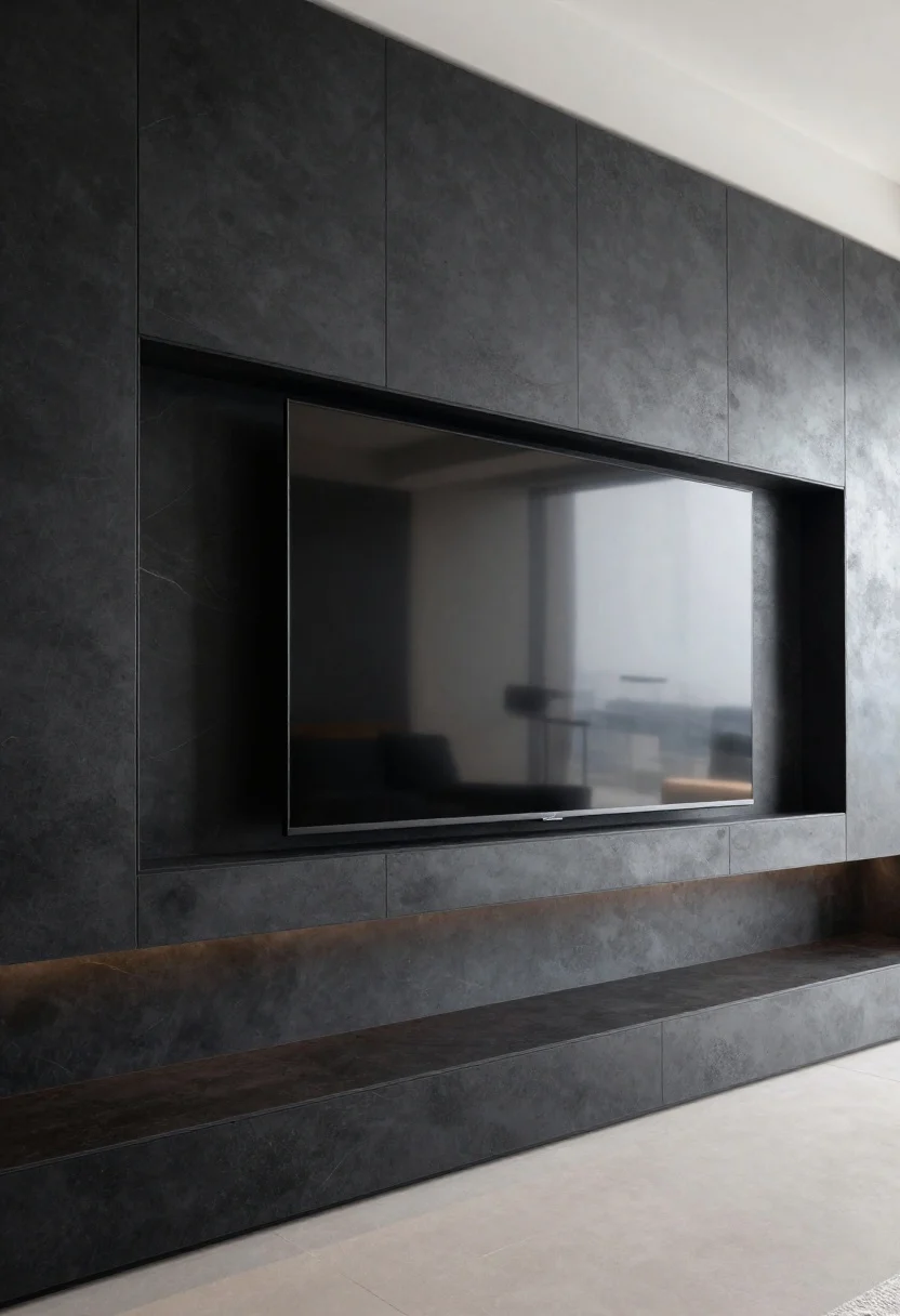 Wide dramatic shot of a media wall clad in dark charcoal microcement with subtle matte texture; large-format porcelain slab niche with book-matched veining behind a mounted TV; concealed LED strips skim light along the edges to reveal surface movement; low reflections, luxe atmosphere, minimal accessories, photorealistic.