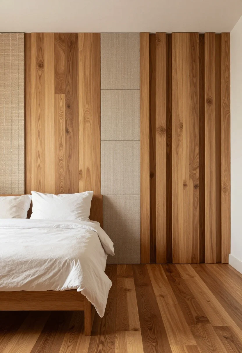 Wide, dramatic, straight-on shot of a floor-to-ceiling textured treatment behind the bed: vertical wood slats stained to match medium-toned wood floors, elongating the room and adding warmth. Optional vignettes within the same scene: a painted board-and-batten segment and a section with upholstered grid panels for a hotel vibe, or an oversized flat-weave tapestry panel. Keep the bedding calm and tonal (white and sand) to balance the busy wall. Soft, even daylight highlighting depth and shadow between slats; no headboard present.