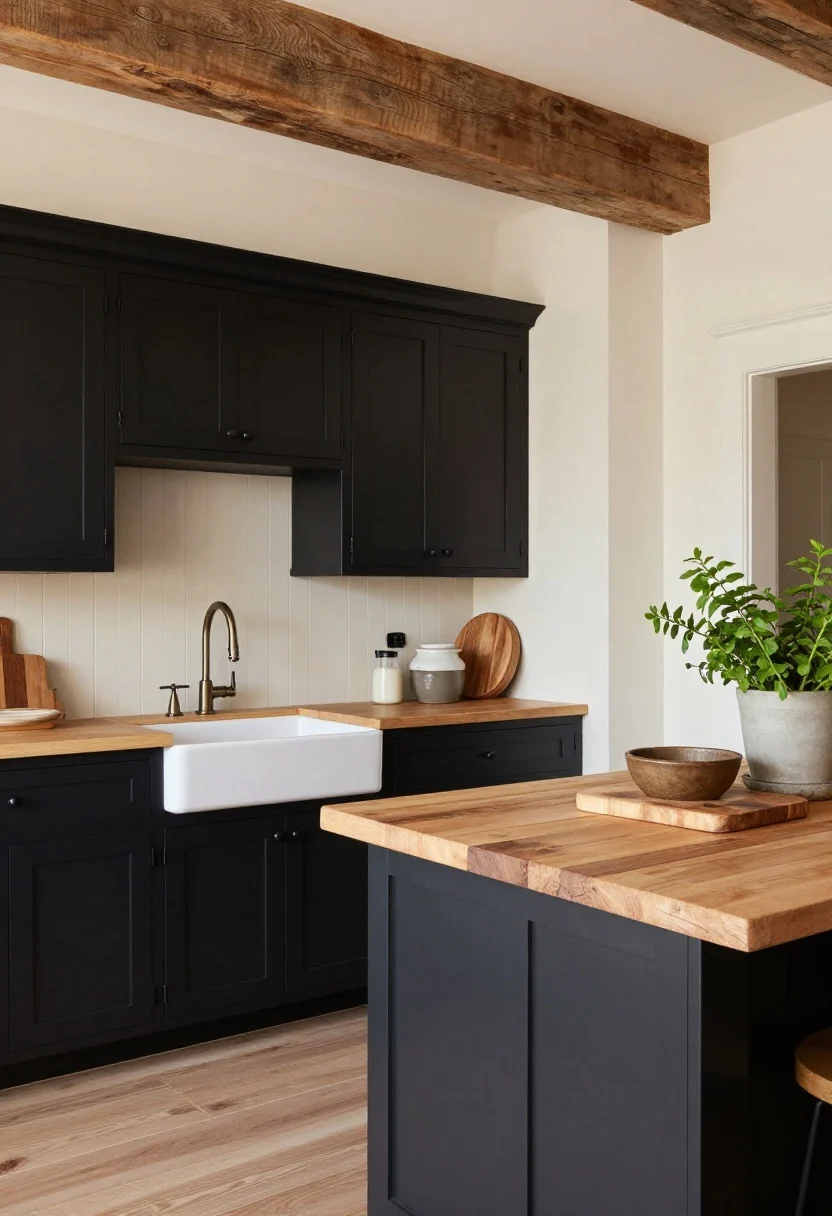 Wide farmhouse-inspired scene from a corner angle: black shaker cabinets with an apron-front white sink, rustic wood ceiling beams, and a reclaimed-wood island top; creamy off-white walls, subtle beadboard paneling on the island; mixed metals—black hardware with a brushed nickel bridge faucet; counters styled with wood cutting boards, ceramic crocks, and a potted herb; warm, welcoming daylight.