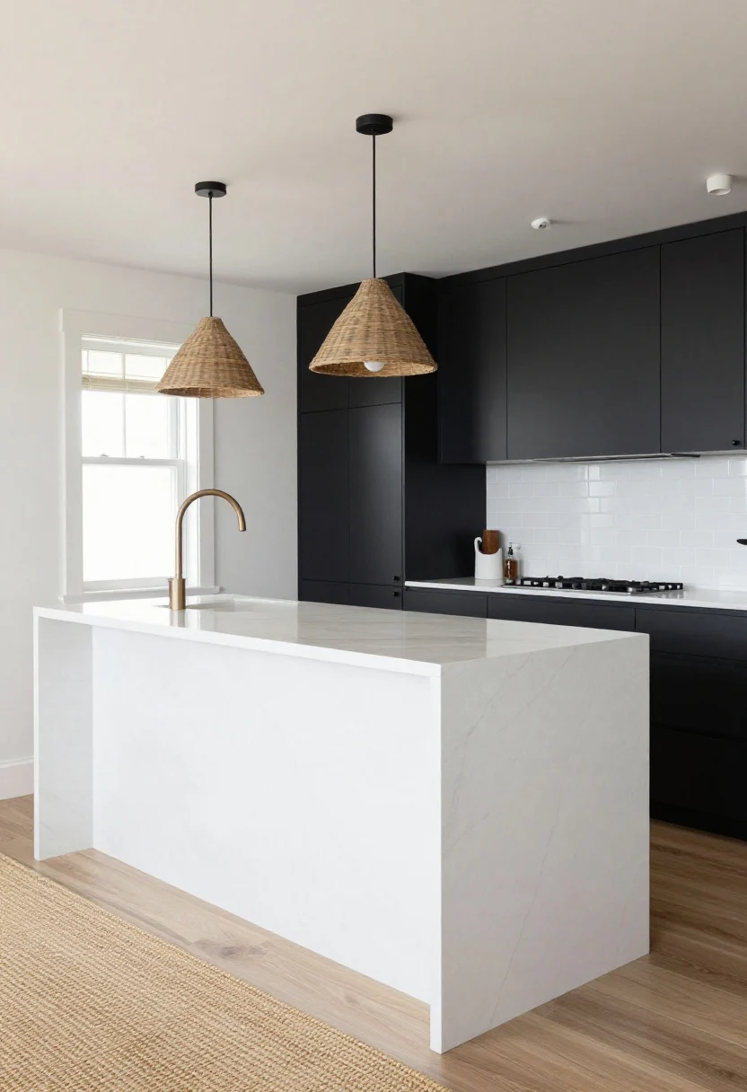 Wide island-focused shot: black base cabinets contrasted with a bold white veined quartz waterfall island and matching white backsplash tile with white grout; soft-white bulbs in recessed fixtures prevent harshness; a woven natural runner on the floor and simple woven shades at a window to balance the palette; clean, editorial high-contrast look without clutter.