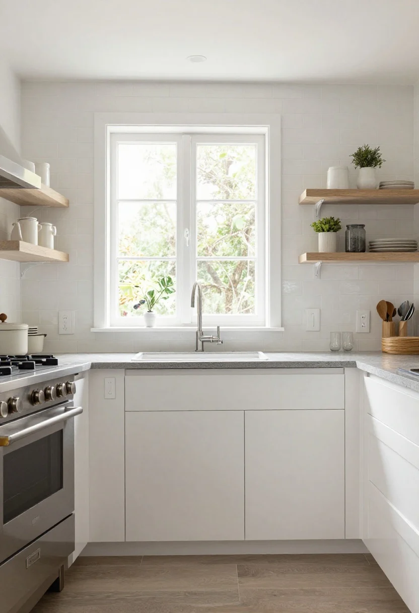 Wide kitchen FAQ scene: full-height tile running to the ceiling around a window and behind open shelves to demonstrate optimal backsplash height; outlets minimized via an under-cabinet power strip; clean metal edge profiles finishing exposed ends; a mix of slab stone behind the range and simple field tile elsewhere to show zoning; bright, even daylight; straight-on, photorealistic demonstration of best practices without people
