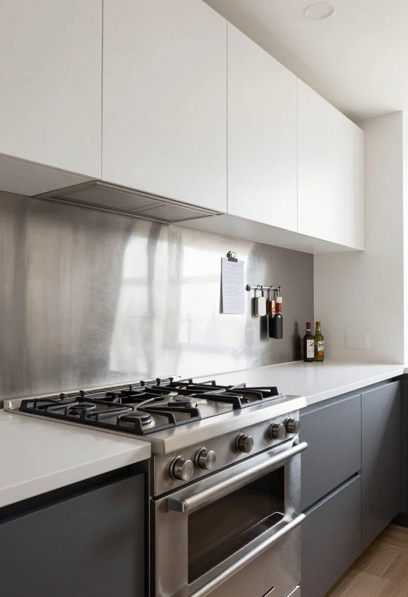 Wide kitchen shot with a stainless steel sheet backsplash running continuous behind a gas range and along adjacent walls, brushed finish to hide scratches, magnetic spice tins and recipe card clipped to the panel, slim black trim edging for a tailored line, matte charcoal lower cabinets, classic white uppers, bright task lighting over the range, slightly angled perspective to show reflections without glare