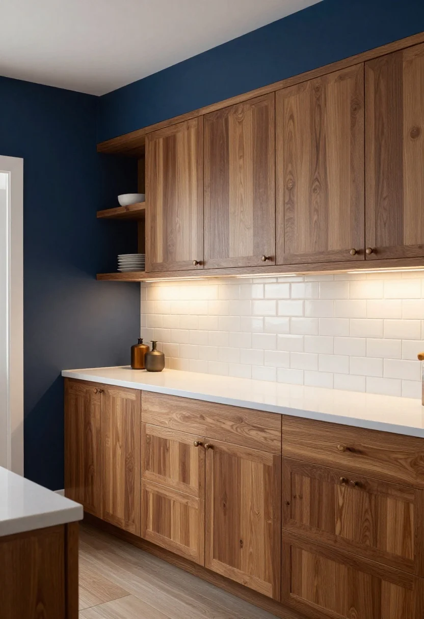 Wide, moody-yet-inviting kitchen with natural wood cabinetry (mid-tone oak or walnut with visible grain) and deep ink blue painted walls; soft white trim and sections of glossy white subway tile that bounce light; warm metallic knobs on cabinets; dim-to-warm LED lighting creating a cocoon effect, with under-cabinet glow and pendant ambience; oak open shelves styled minimally; evening mood without people.