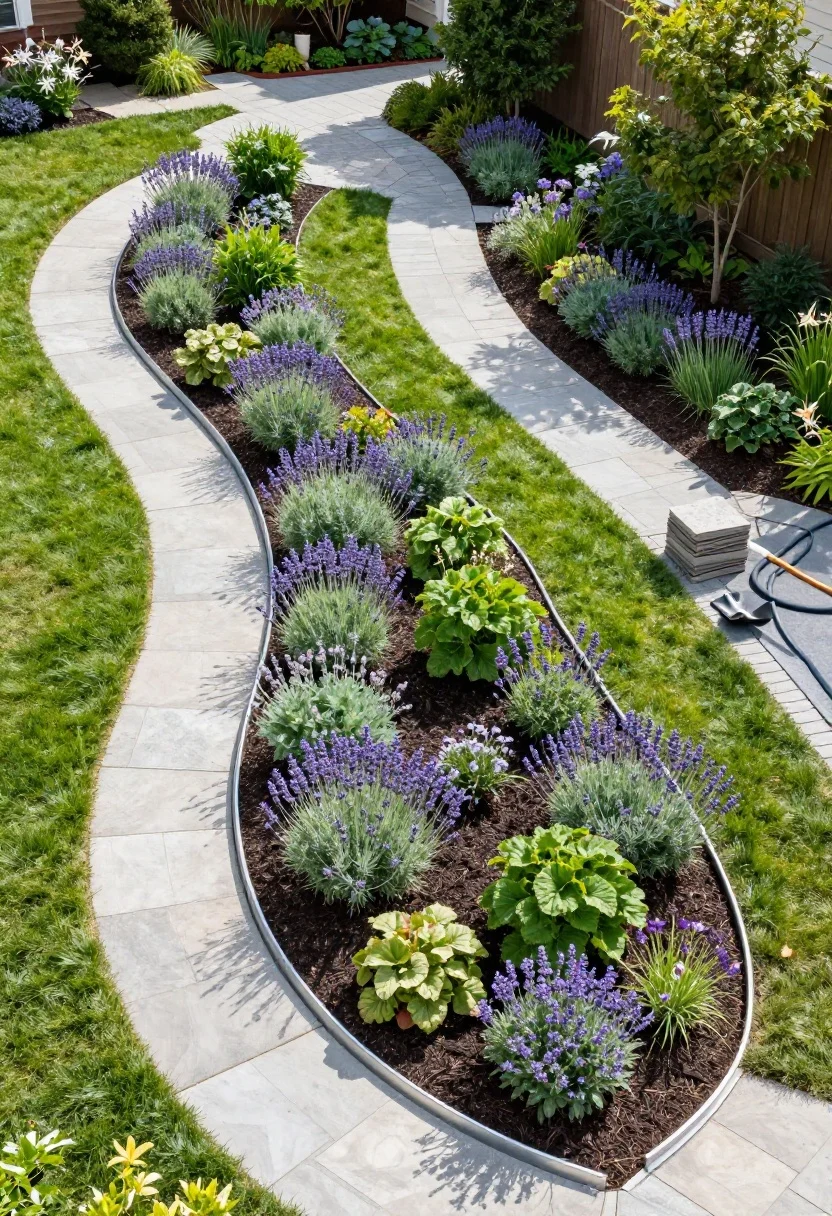 Wide overhead drone-style shot of a suburban front yard redesigned with sweeping curved garden beds traced by crisp steel edging. Bed depths vary—deeper curves at the corners, shallower along the front walk. Lush plantings in drifts of 3–7: repeating clumps of lavender, heuchera, and daylilies, with dark mulch held neatly by the edging. Stone pavers stack at one end, a garden hose visible as a layout tool near a spade. Late afternoon light casting soft shadows across the curves.