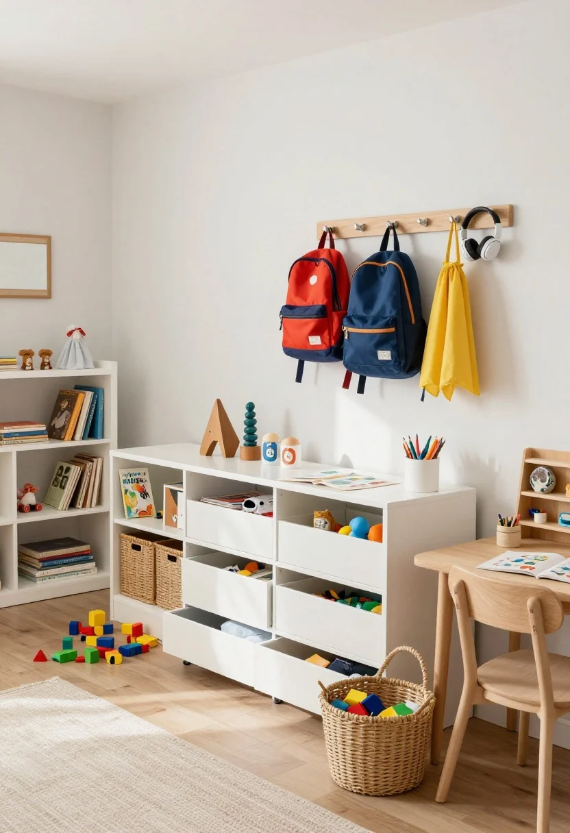 Wide room shot: Storage-forward kids’ room where organization is the star—low white bookcases with open cubbies styled with favorite books and toys, closed woven bins for messy items, rolling under-bed drawers partially tucked away, and a tidy row of kid-height wall hooks holding backpacks, capes, and headphones; zones are placed by activity—art bins near a small desk, blocks in low bins near the floor, dress-up by a mirror; neutral palette with warm wood and soft whites; bright, soft natural lighting; photorealistic.