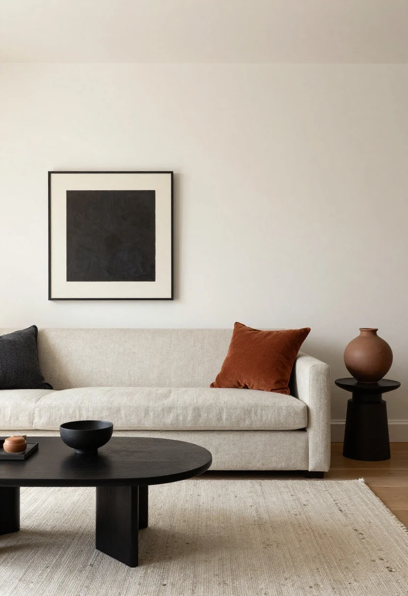 Wide shot: A cohesive living room showcasing a curated high-impact color story—walls in warm white/cream, a greige linen sofa, charcoal accents on a bordered rug and thin black frames, and a muted rust accent repeated in a throw, ceramic vase, and abstract art. Soft natural daylight bounces off the neutral walls, creating an intentional, upscale mood with low-saturation tones; no bright colors, just cream, charcoal, and rust threaded throughout.