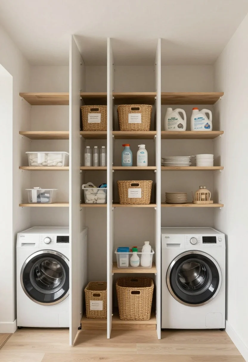 Wide shot: A compact laundry room with tall, narrow vertical shelving built up the wall beside a front-loading washer and dryer; adjustable wall-mounted shelves hold woven baskets with outward-facing labels, clear bins of supplies, and bulk detergent stored on the highest shelf; a shallow “landing shelf” sits directly above the washer for quick-grab items; neutral palette with whites and oatmeal tones, light wood shelves, minimal visual clutter; soft, bright ambient lighting that feels airy; straight-on perspective showcasing efficient use of vertical space and preserved floor area.