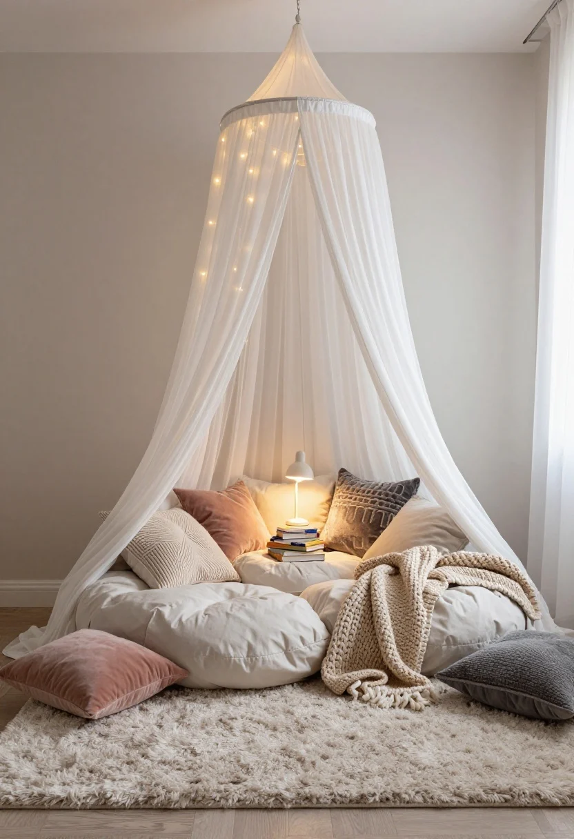 Wide shot: A magical kids’ reading nook in a bedroom corner with a sheer white canopy draped over a pile of oversized floor cushions and chunky knit throws on a plush, neutral-toned rug; soft string lights twinkle under the canopy and a small clip-on reading lamp casts warm, low light on a stack of picture books; mixed textures—velvet pillows, knitted throw, and shag rug—create a snug, calming atmosphere; straight-on view capturing the defined “cozy zone,” no people, photorealistic.